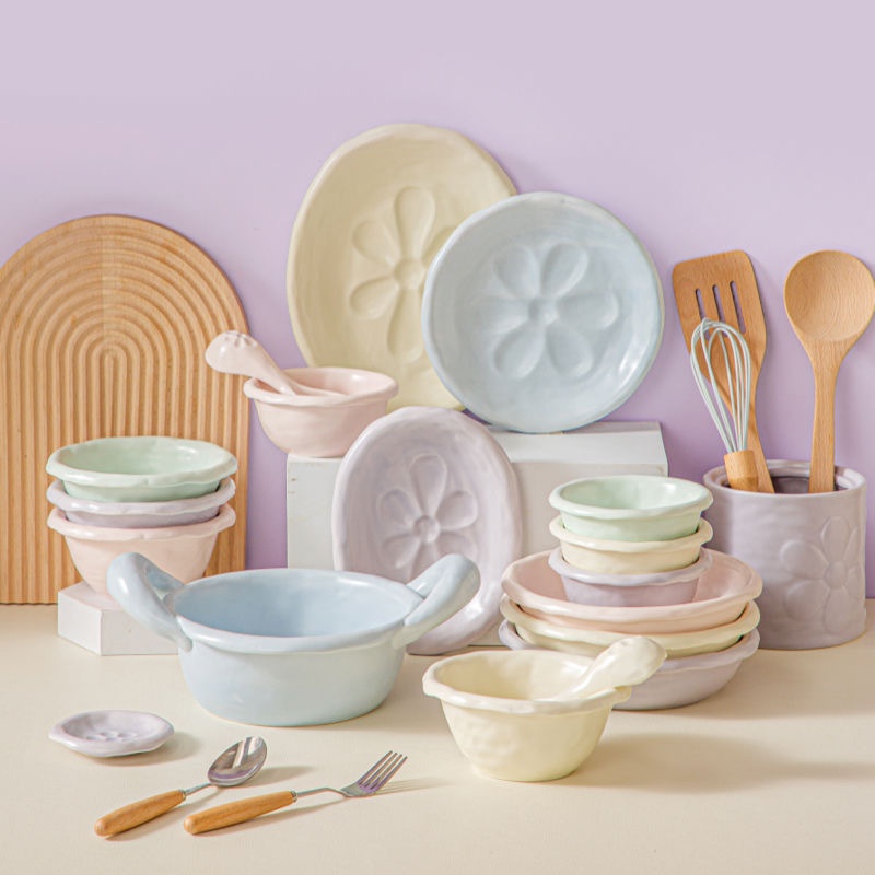 Underglaze Ceramic Tableware Suit Dishes And Dishes Tableware Multi-person Eating Cream Wind Rice Bowl Dish Dish Deep Dish Soup Bowl Can Be Microwave Oven
