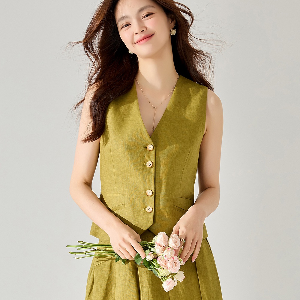 24 Spring Simple Old Money Style French Retro Linen Vest Pleated Skirt Suit22235 Skirt22236