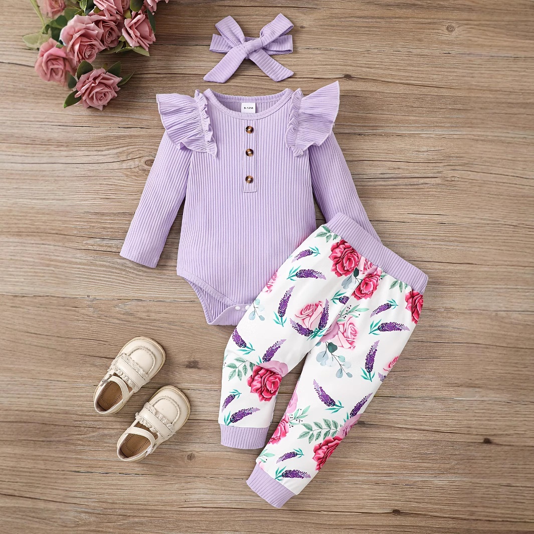 Baby Girl Toddler Fashion Casual Long Sleeve Solid Color Pit Top Printed Trousers Turban Three-piece Set