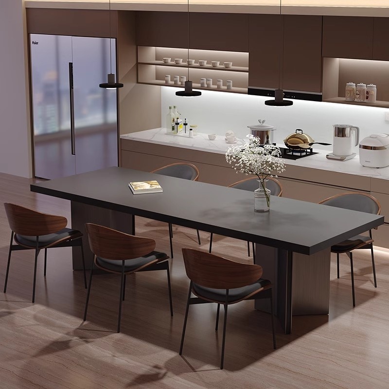 Italian Style Minimalist Pure Black Thickened Rock Plate Dining Table And Chair Combination Large Apartment Retro Style Villa Rectangular Island Table Tea Table