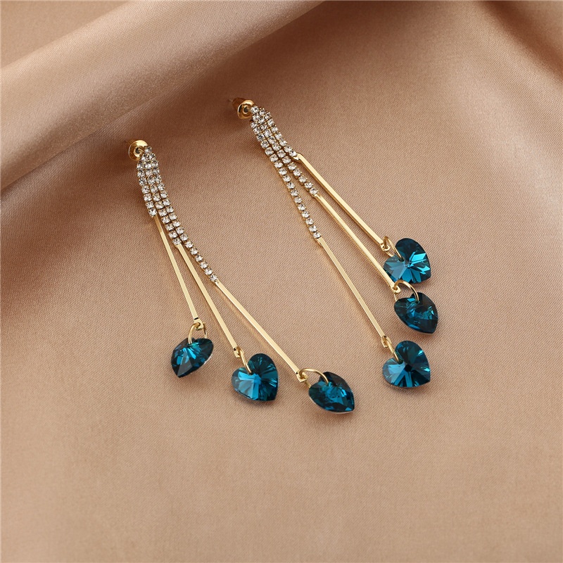 925 Silver Needle Blue Diamond Heart Long Diamond Tassel Earrings Korean Temperament Exaggerated Fashion Earrings Net Celebrity Earrings