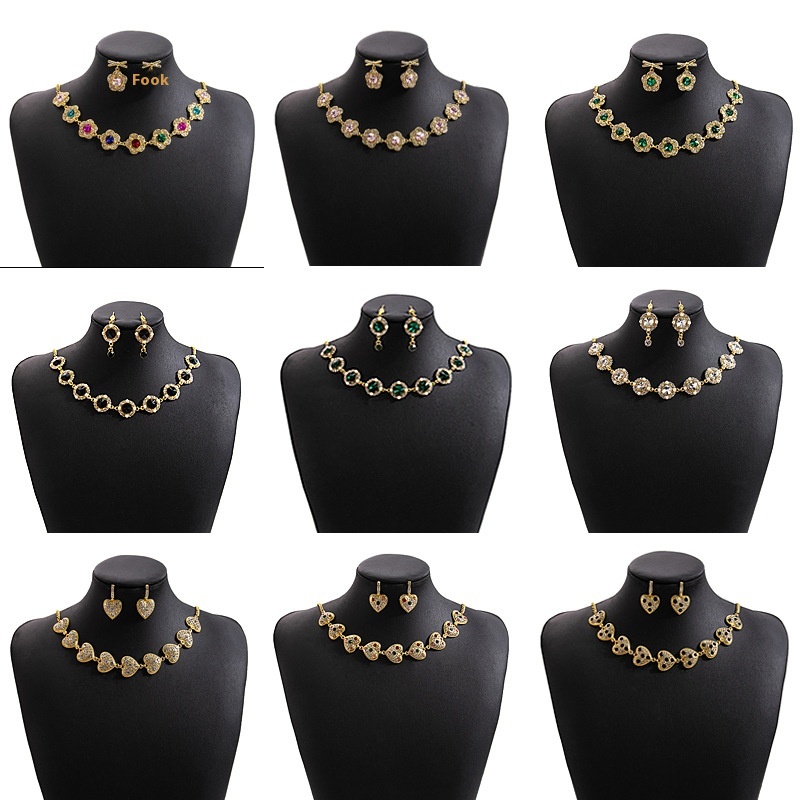 European And American Luxury Love Jewelry Set Exaggerated Personality Flower Necklace Dinner Multi-color Circle Earrings For Women