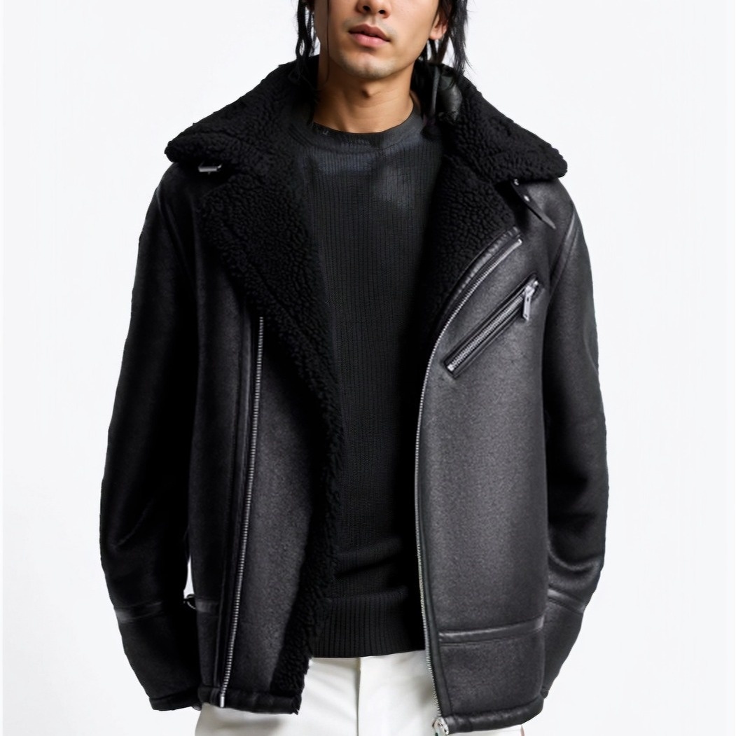 Original-Men's Men's Retro Faux Fur Motorcycle Jacket Thick Coat Black Off-White Zipper Jacket