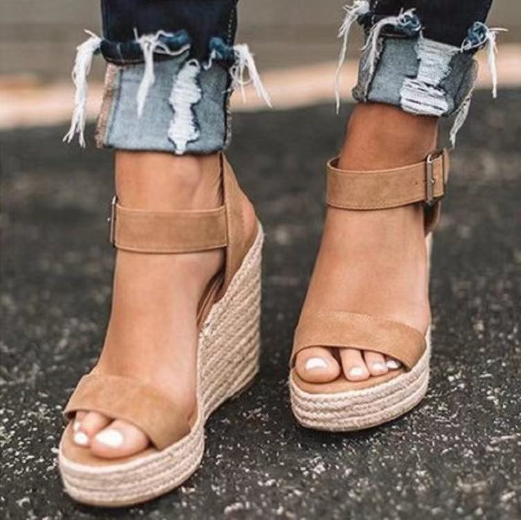 High Serpentine Wedges With Straw Woven Hemp Rope One-line Sandals