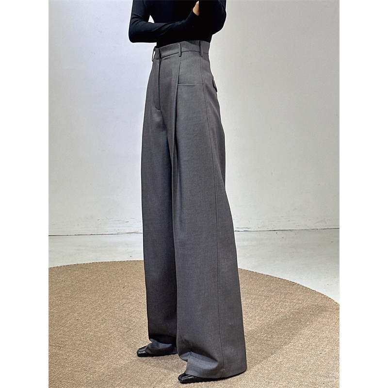 Wool Gray Suit Pants For Women Spring And Autumn High Waist Slimming Straight Loose Draping Wide Leg Mop Long Pants