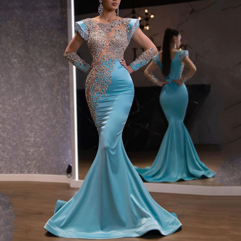 Daily Light Blue Fishtail Skirt Banquet Long Sand Gold Series Slimming Elegant Annual Evening Dress For Women