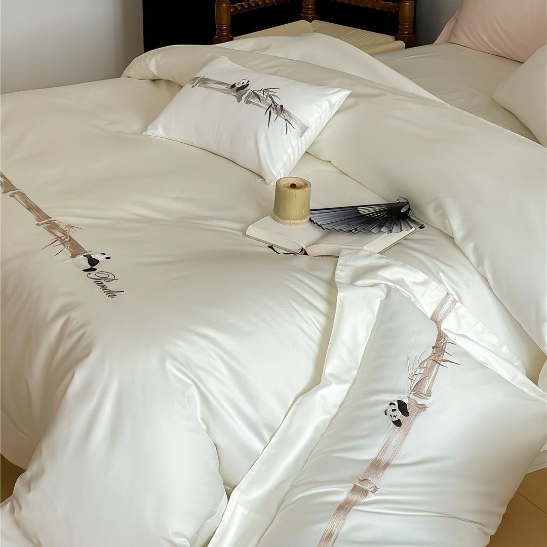 Simple Style APanda Embroidery Bedding Bedding High-end Pure Cotton100 Long-staple Cotton Four-piece Home Textile