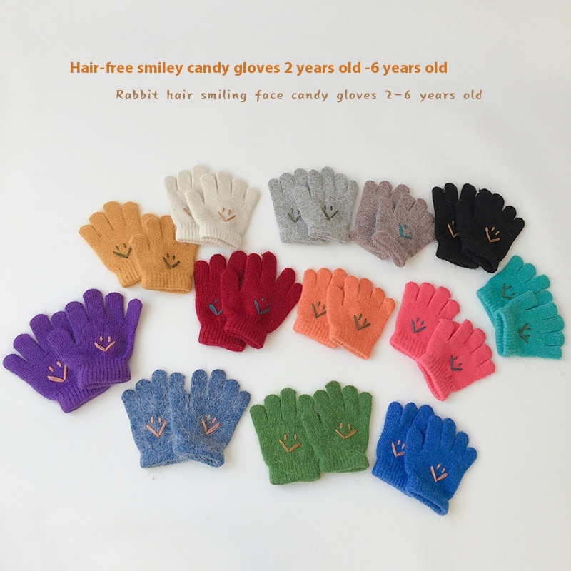 Qiunan Children's Gloves Winter Warm Boys And Girls Cute Smile Wool Gloves Baby Wool Five-finger Gloves