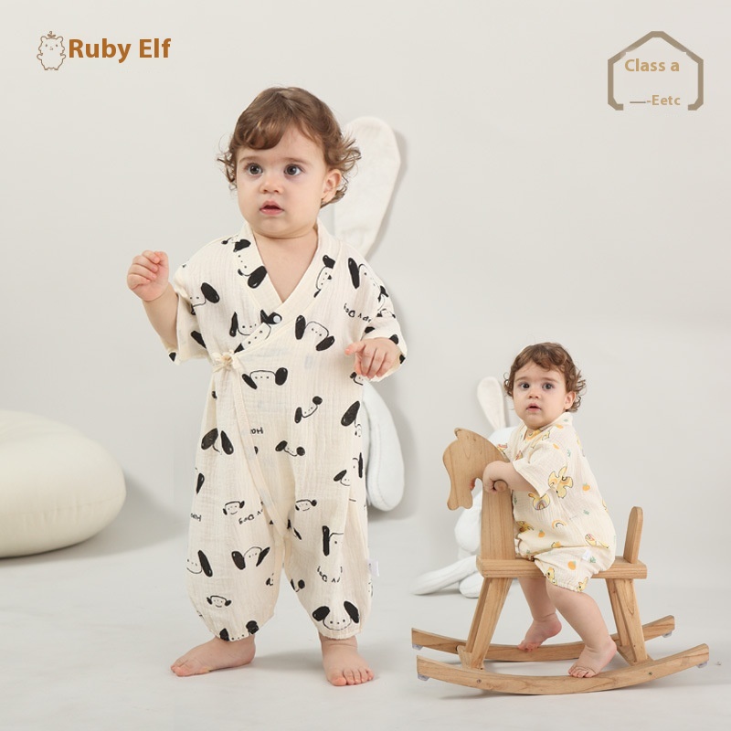 Baby Gauze Cotton Fart Clothesborn Jumpsuit Short-sleeved Thin Cotton A-type Baby Lace Monk Clothes