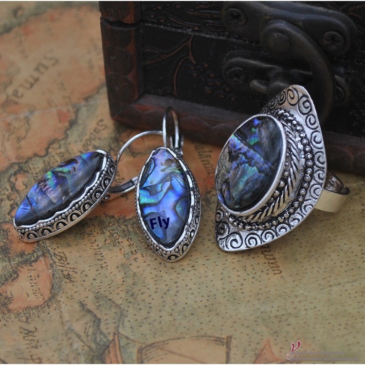 SZ030 European And American Foreign Trade Temperament Internet Celebrity Fashion Earrings Retro Ring Jewelry Fashion Color Shell Gemstone Suit Female