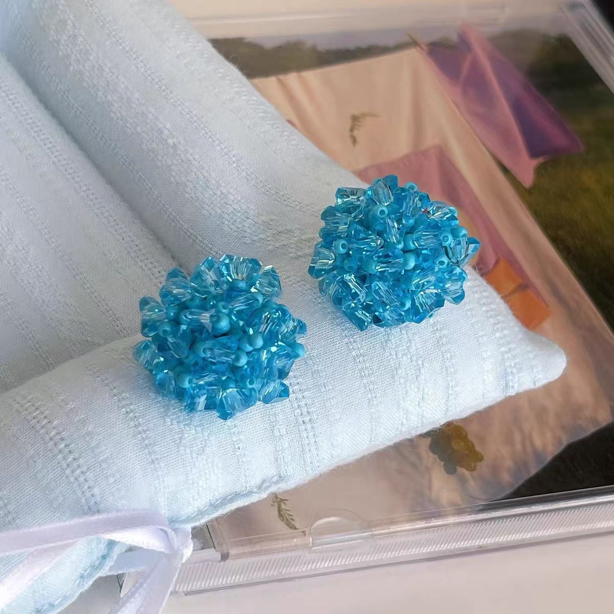 Clear Blue Beaded 925 Silver Earrings Niche Design French Vintage Earrings Women's Simple Art White Earrings