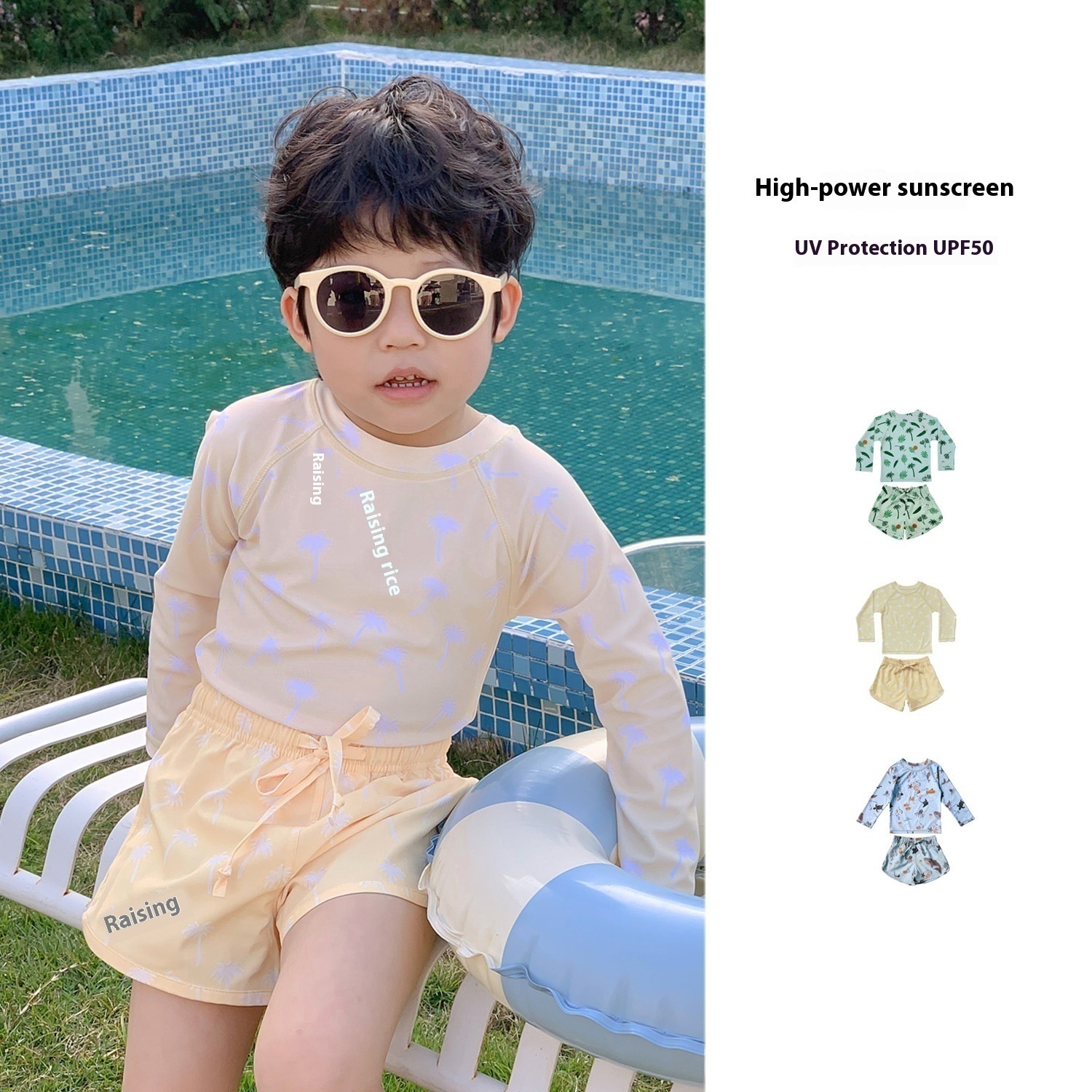 Boys Two-piece Swimsuit Children's Korean Cartoon Long-sleeved Sunscreen Quick-drying Swimsuit Small And Medium Children's Hot Spring Cute Swimsuit