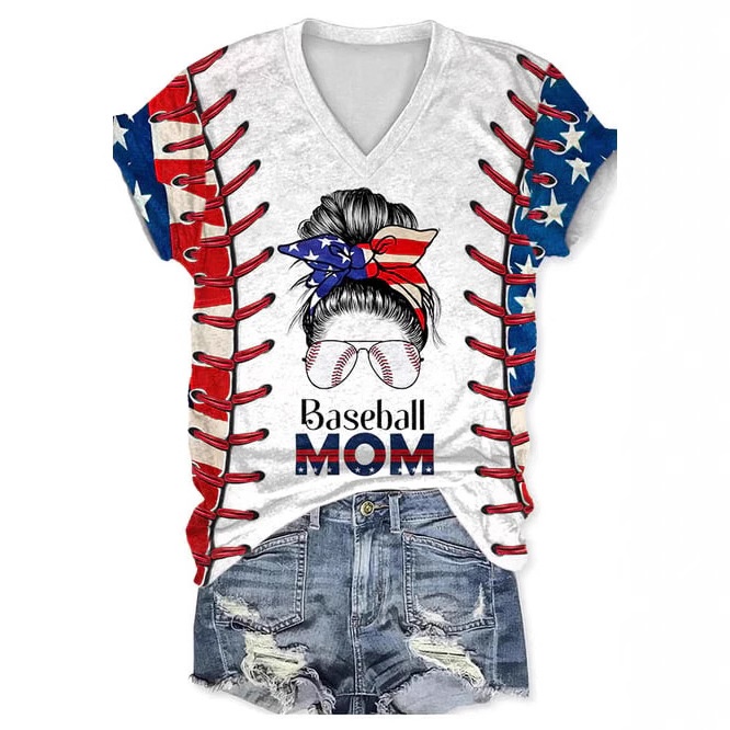American Baseball Day European And American Women's Retro Flag Baseball Mom Printed Women's T-Shirt