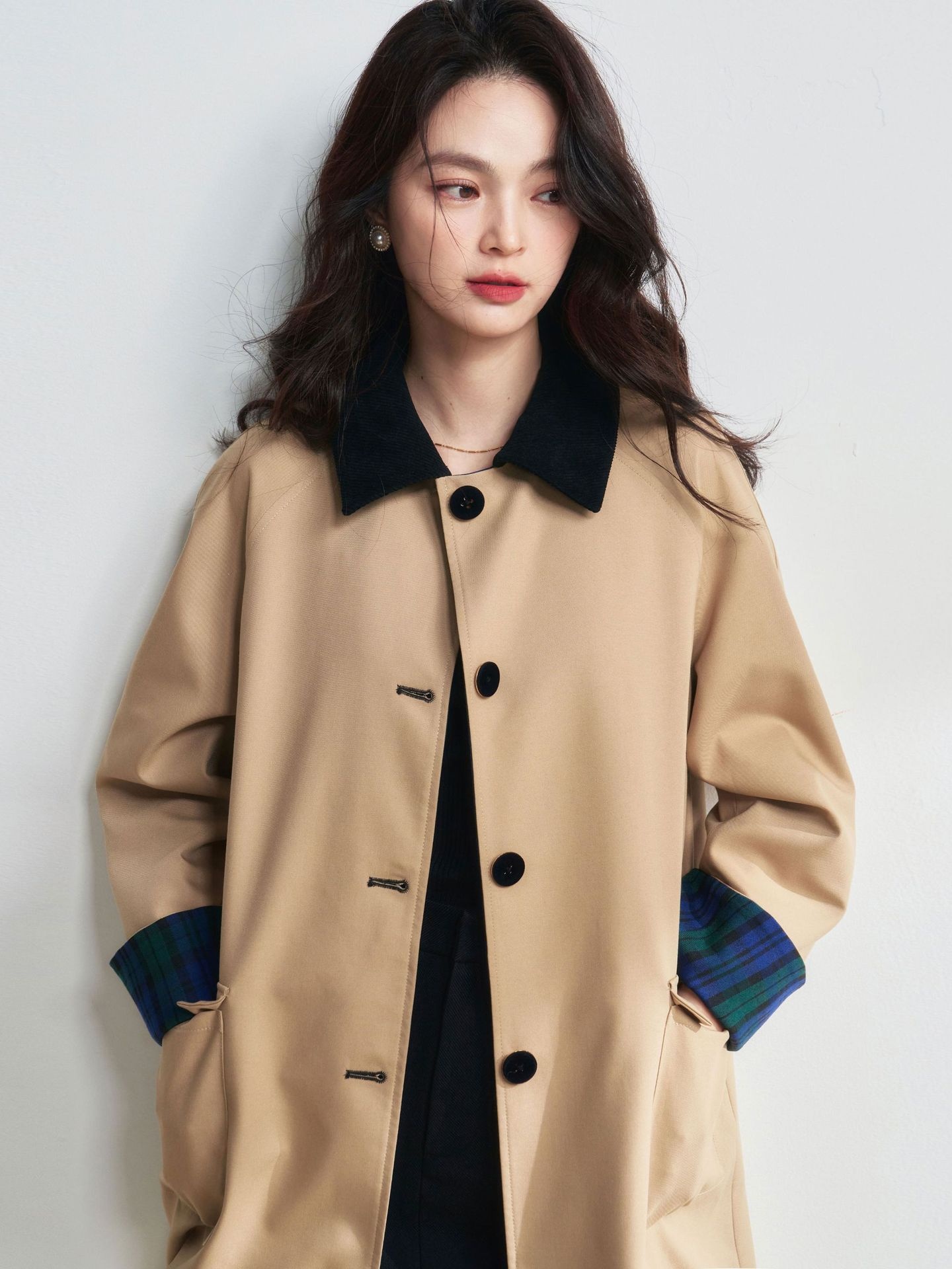 Retro Contrast Plaid Double-sided Khaki Mid-length Trench Coat