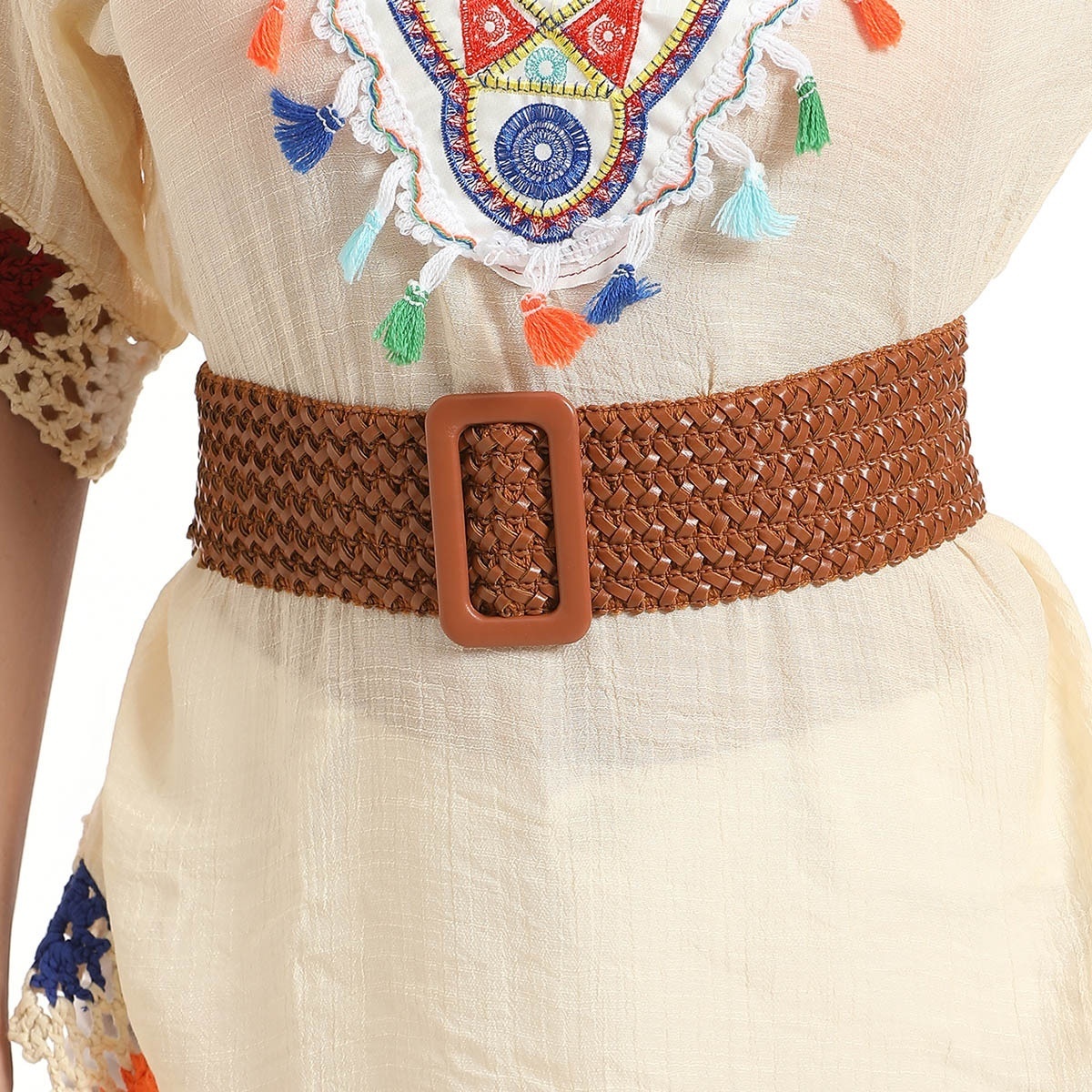 Women's Woven Buckle Ethnic Style Versatile Leather Buckle Elastic Waist Seal Beautiful Women's Belt