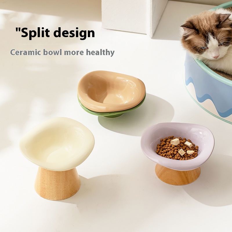 Cute Cat Bowl Ceramic Flower Gradient Cat Drinking Water Wooden Base High Foot Cat Bowl Dog Bowl Pet Bowl Anti-black Chin
