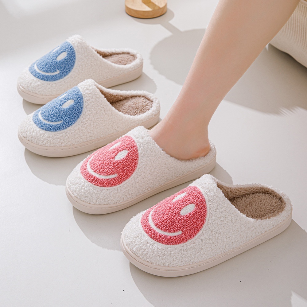 Korean Version Of Smiley Face Fur Slippers Autumn And Winter Home Indoor Cotton Slippers Warm Thick Bottom Home Plush Slippers