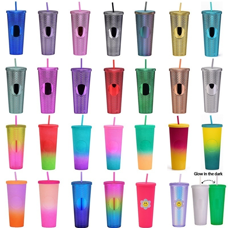 Double-layer Plastic Straw Cup Large Capacity Creative710ml Durian Cup Hand-held Cup Luminous Color Changing Rainbow Gradient Cup