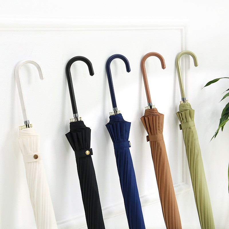 Japanese Style Small Fresh16 KStraight Pole Umbrella Long Handle Umbrella Simple Fashion Solid Color Leather Handle Umbrella