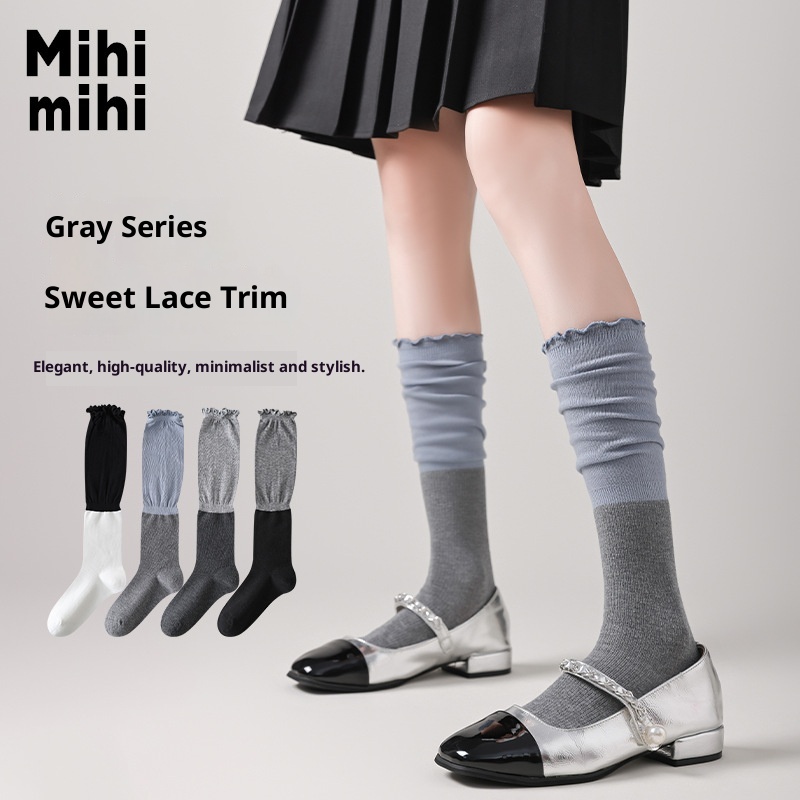 Spring Socks Japanese Color Matching Wooden Ear Women's Calf Socks Simple Versatile Knee-high Piled Socks Cotton