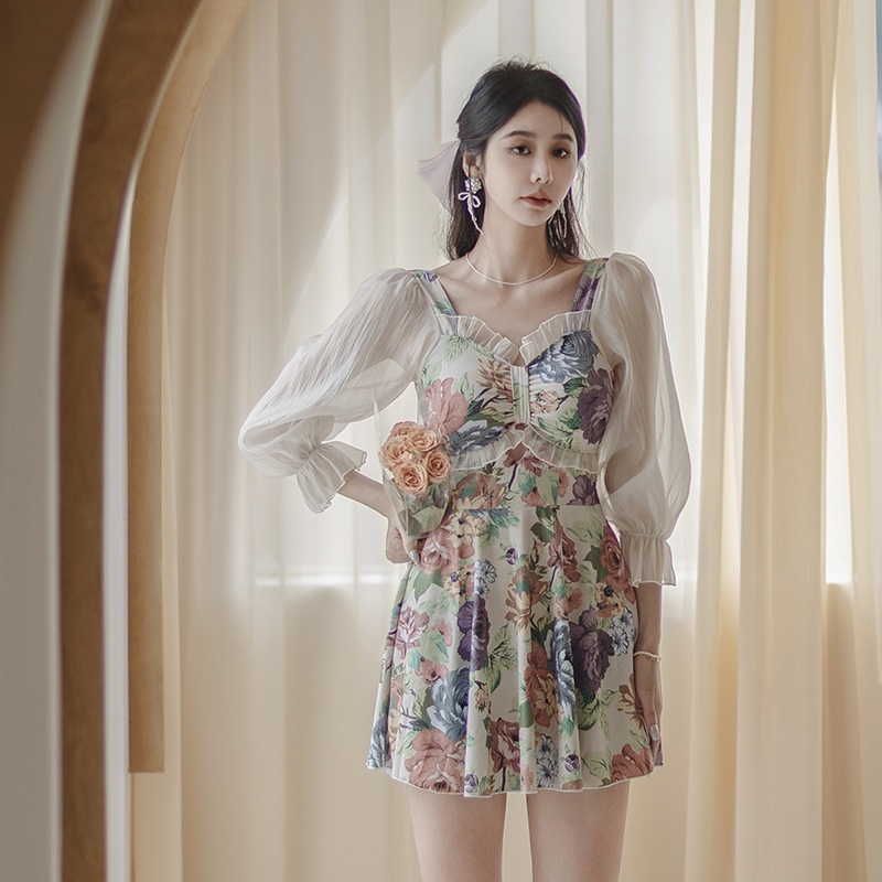 High-end Oil Painting Swimsuit Women's One-piece Dress Long Sleeve Conservative Fashion High-end Slimming One-piece Hot Spring