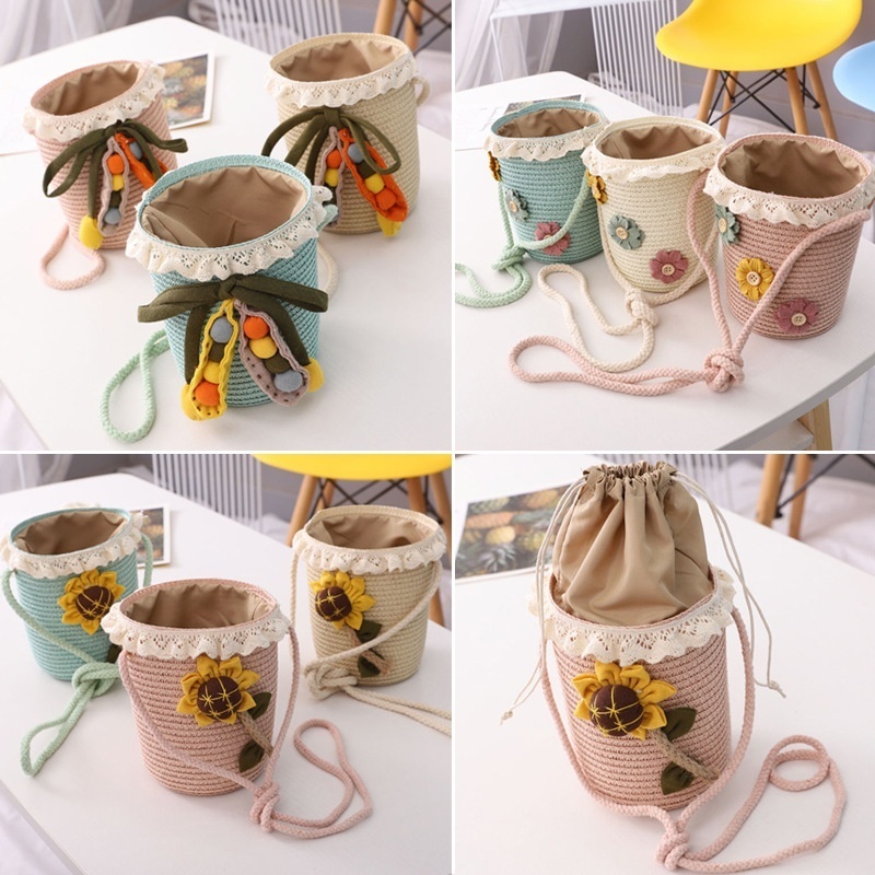 Qiunan Children's Straw Bag Summer Fashion Baby Girl Bucket Bag Beach Drawstring Bag Crossbody Bag