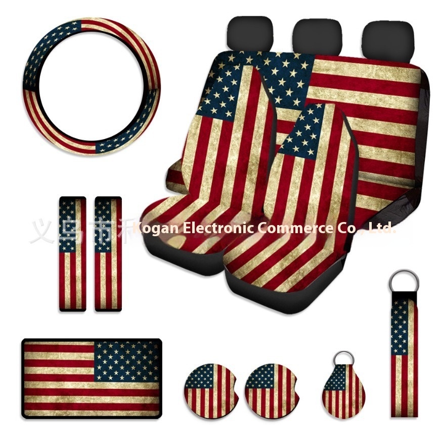 Foreign Trade American Flag Combination15-piece Set Printed Car Seat Cover Steering Wheel Cover Armrest Pad Shoulder Cover