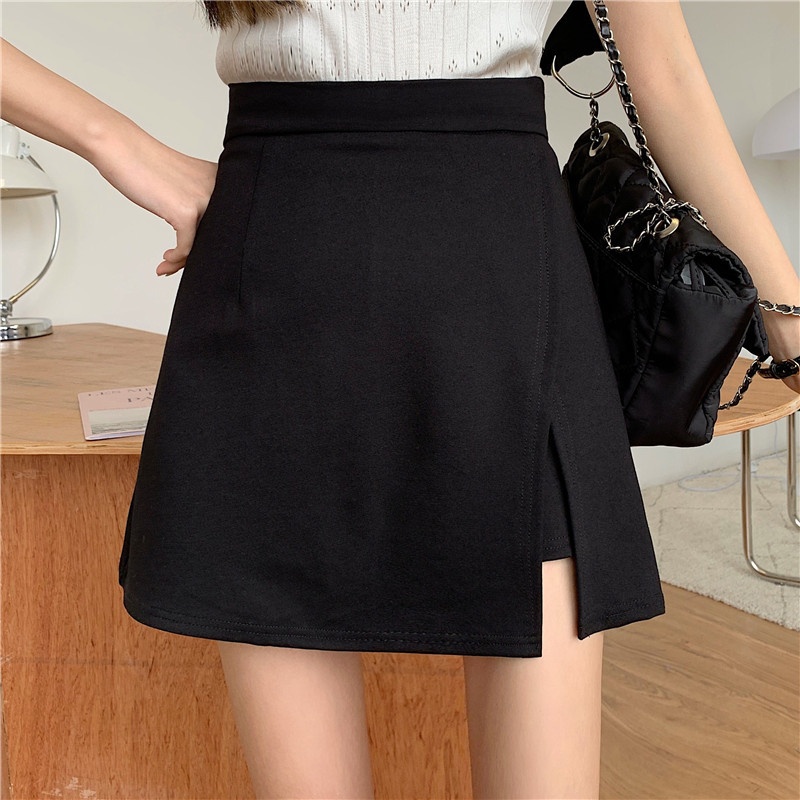 Large Size Black Skirt With Slits For Women Summer Style Fat Mm High Waist Slim A-line Hip Skirt