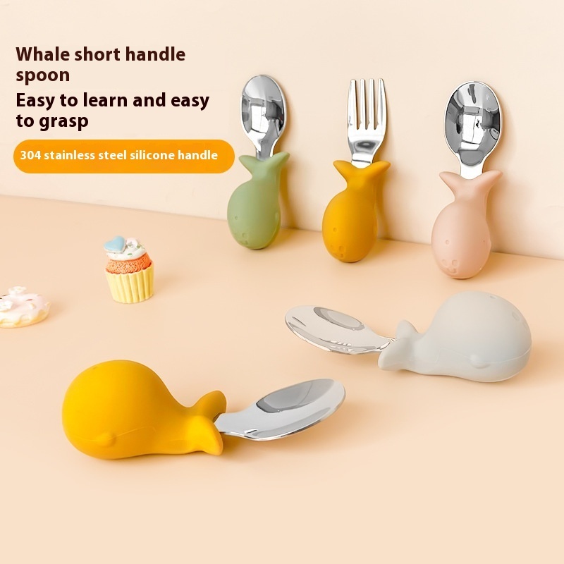 Whale Silicone Spoon Baby Eating Training Short Handle Food Spoon Baby Food Grade Stainless Steel Food Tableware
