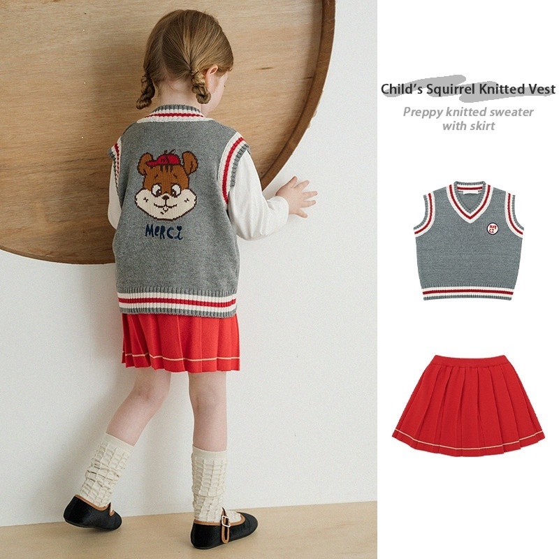 Ready-made Children's College Style Vest Autumn And Winter Baby Korean Cartoon Knitted Suit Boys And Girls Sweater