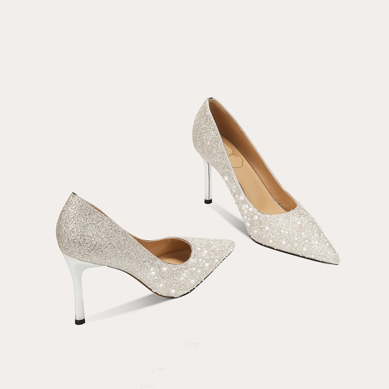 H708-55 Sheepskin Pearl White Wedding Shoes High-end Stiletto Bridal Shoes High Heels Two-wear Pointed Toe Single Shoes For Women - 3