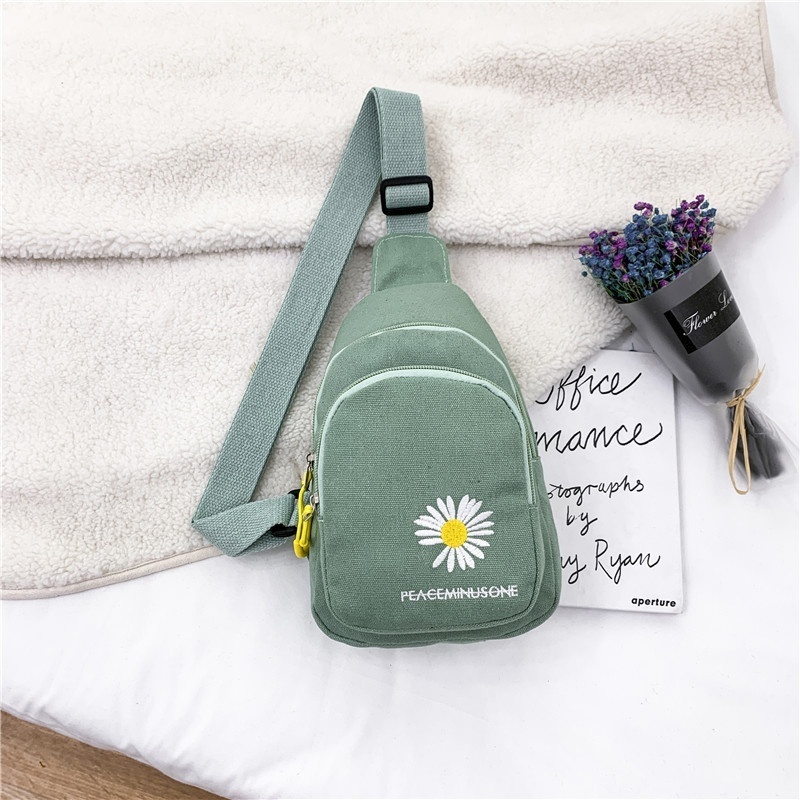 Canvas Bag Women Style Small Fresh Literary Chest Bag Popular All-match Small Daisy Embroidered Messenger Bag