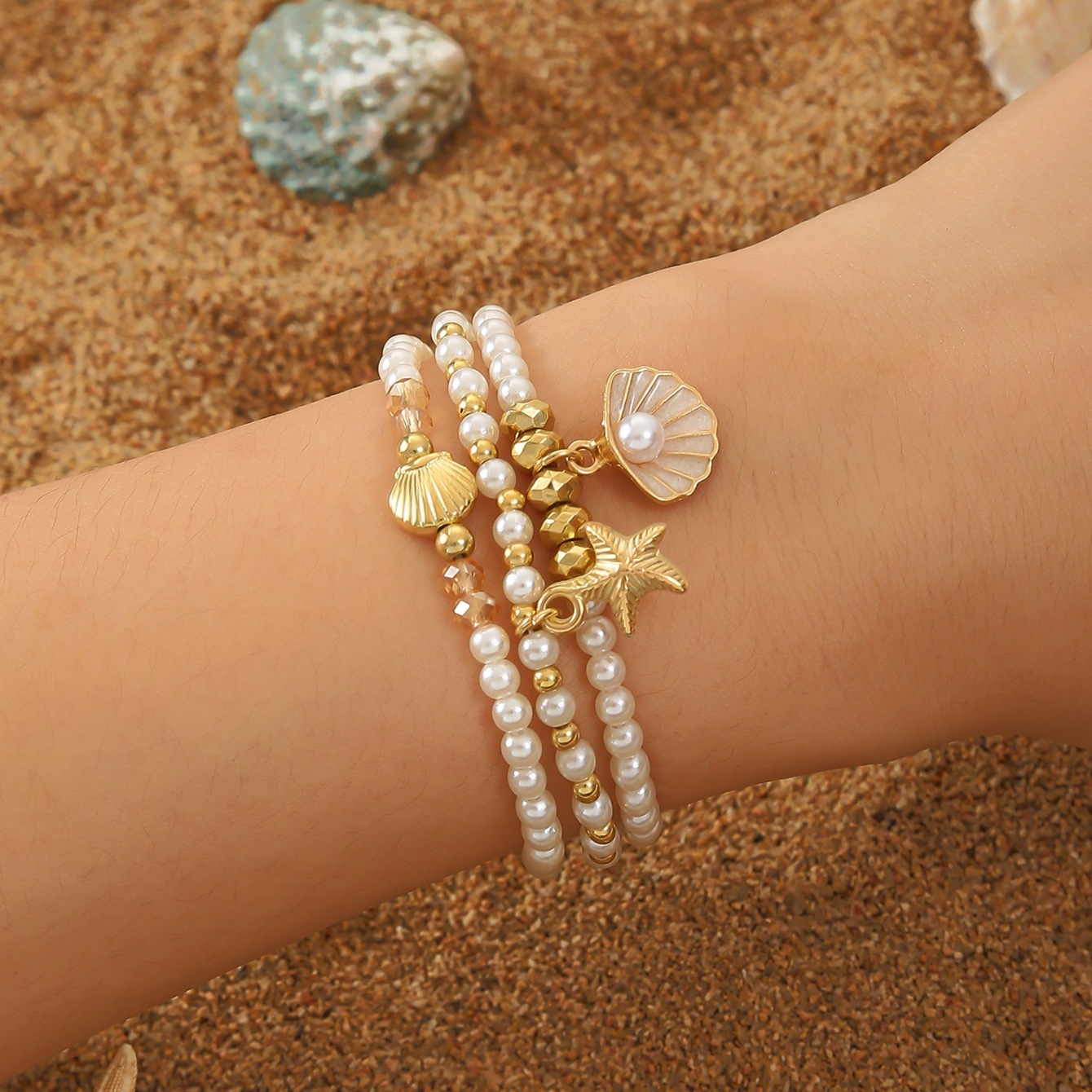Handmade Beaded Shell Starfish Pendant Women's Bracelet Suit Stacked Wear European And American Beach Vacation Stacked Wear