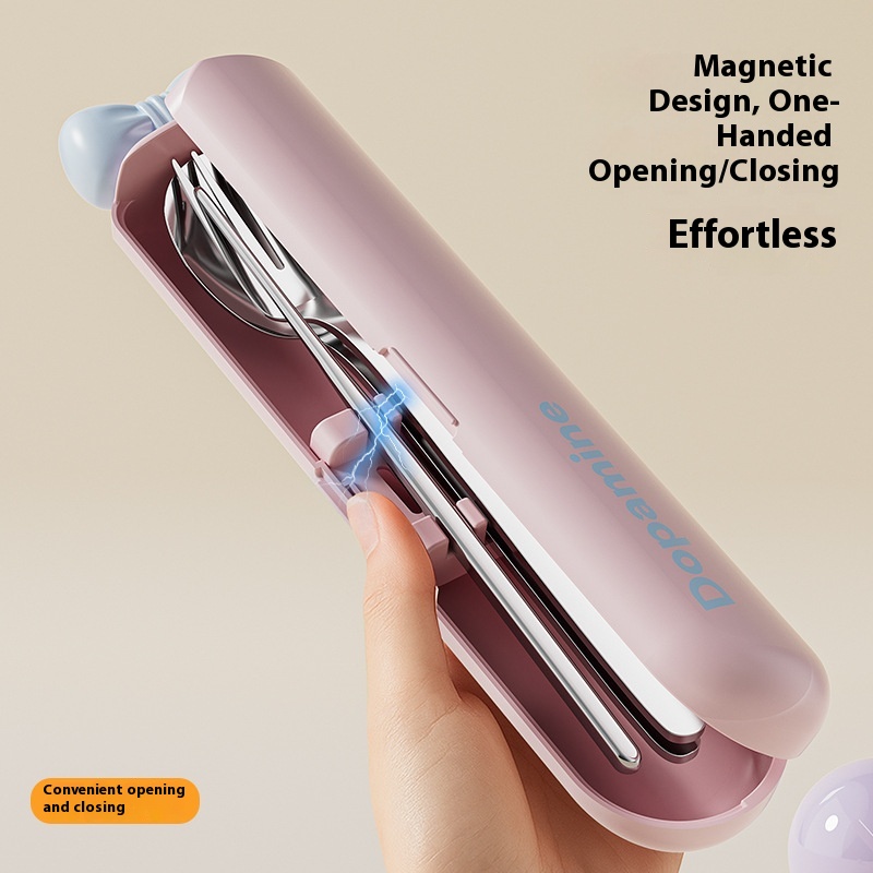 304不锈钢多巴胺蝴蝶结套装 学生上班族外带勺筷磁吸便携餐具套装