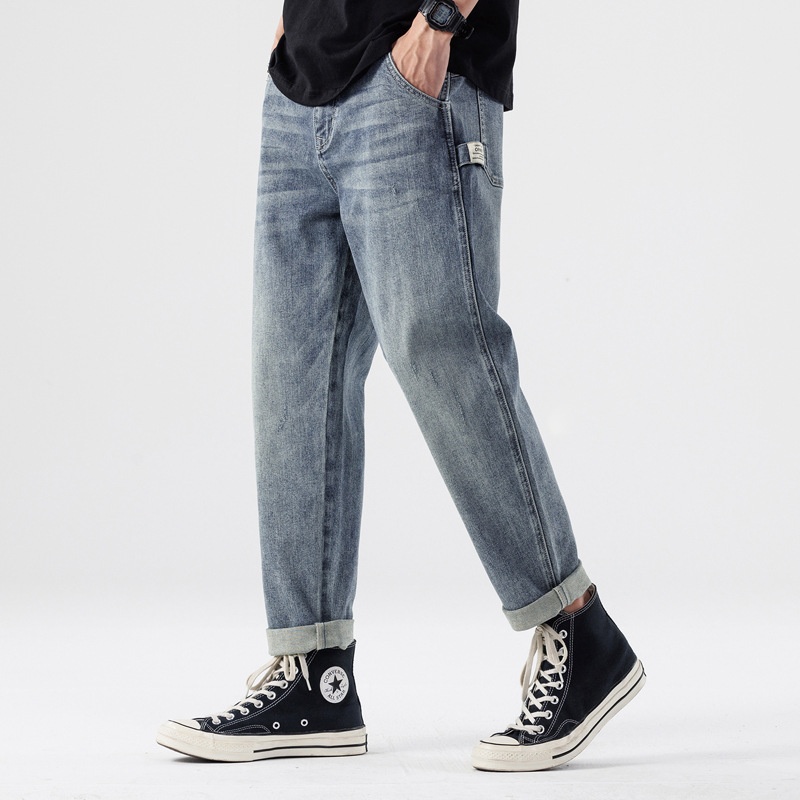 Fashion Brand Blue High-end Jeans Men's Autumn Nine-point Pants Loose Straight Elastic Spring And Autumn Style Casualy Pants