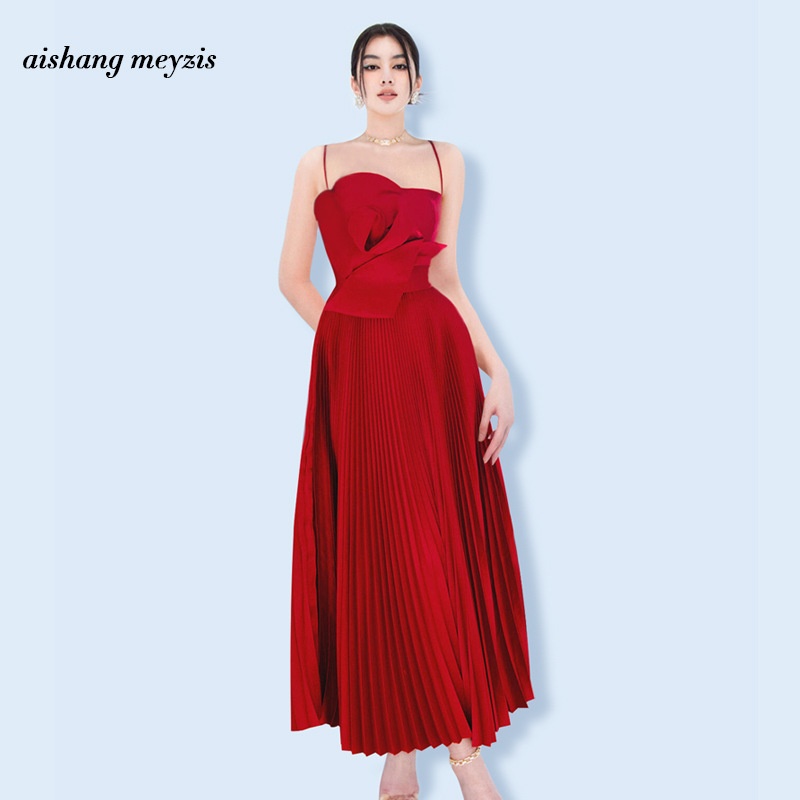 Red Pleated Wedding Engagement Dress Summer Niche Design Suspenders High Waist Slim Dress