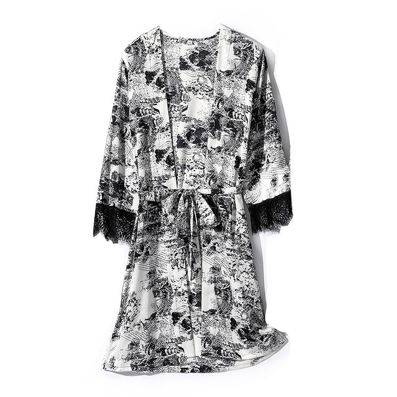 Nightgown Women Spring And Summer Medium And Long Thin Pajamas Long-sleeved Silk Bathrobe Sexy Printed Home Clothes