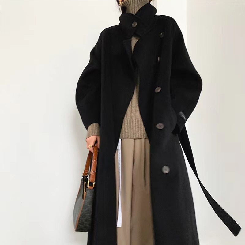 Design Sense Stand Collar Side Single-breasted Double-sided Wool Coat Woolen Coat Women's Korean Version Autumn And Winter Medium And Long Style - 1