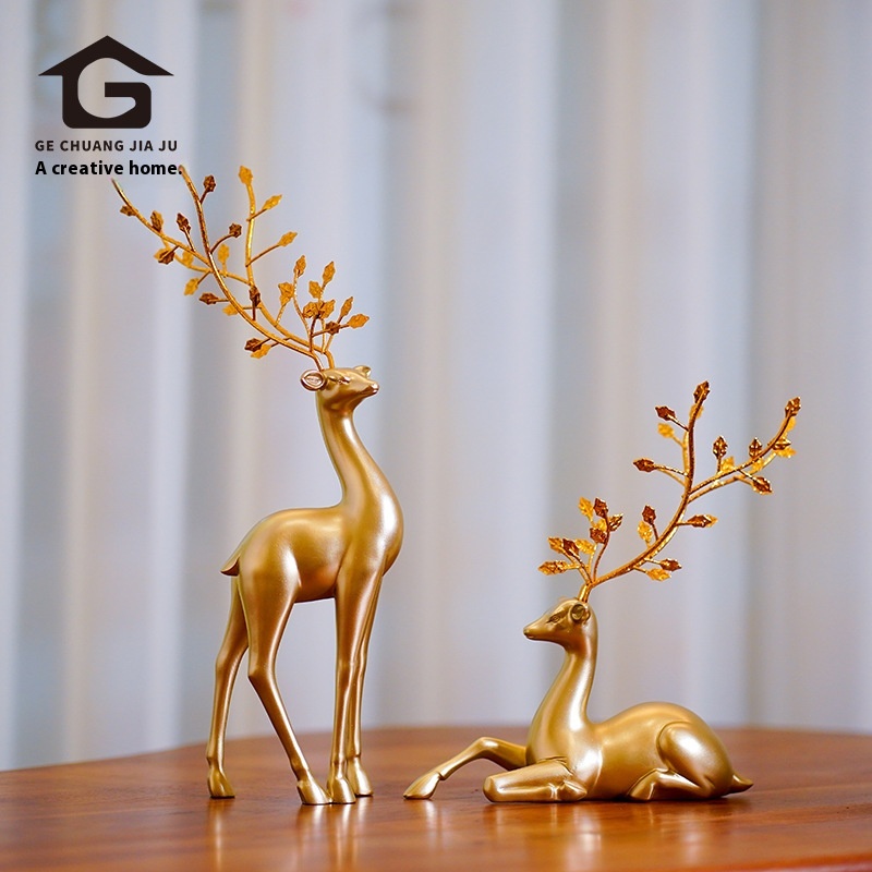 Chinese Style Imitation Copper Deer Ornaments Light Luxury Home Living Room TVCabinet Porch Decoration Model Room Soft Decoration Crafts