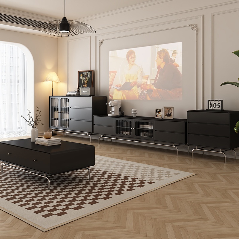 French Vintage Black Solid Wood Mid-Century American Style TVCabinet