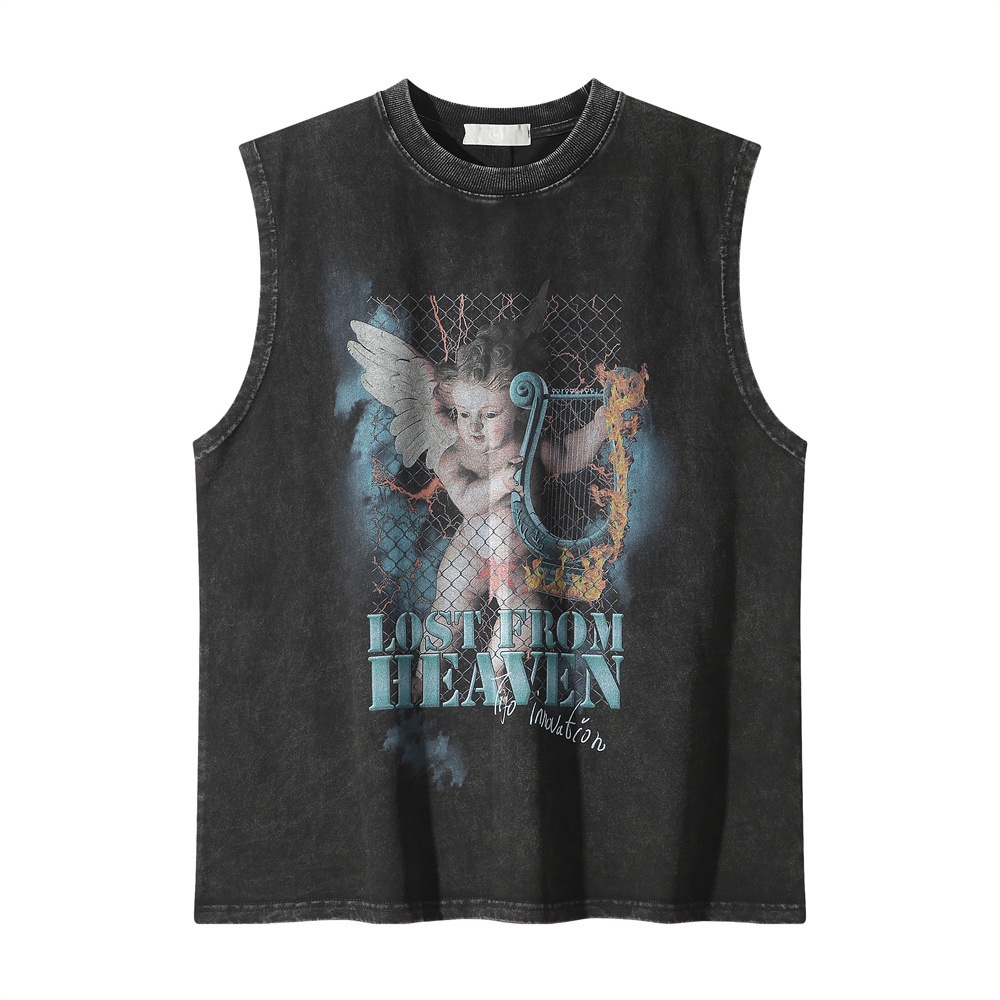 Angel Printed Waistcoat Vest Men's Summer Loose Casual Washed Old Round Neck Sleeveless T-shirty