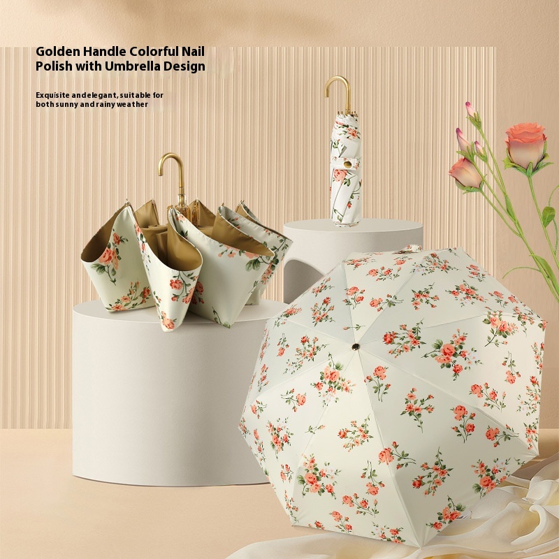 Trifold Gold Hook Curved Handle Parasol Sun Protection Anti-ultraviolet Folding Sun Umbrella Retro Sunny Umbrella Gift Female