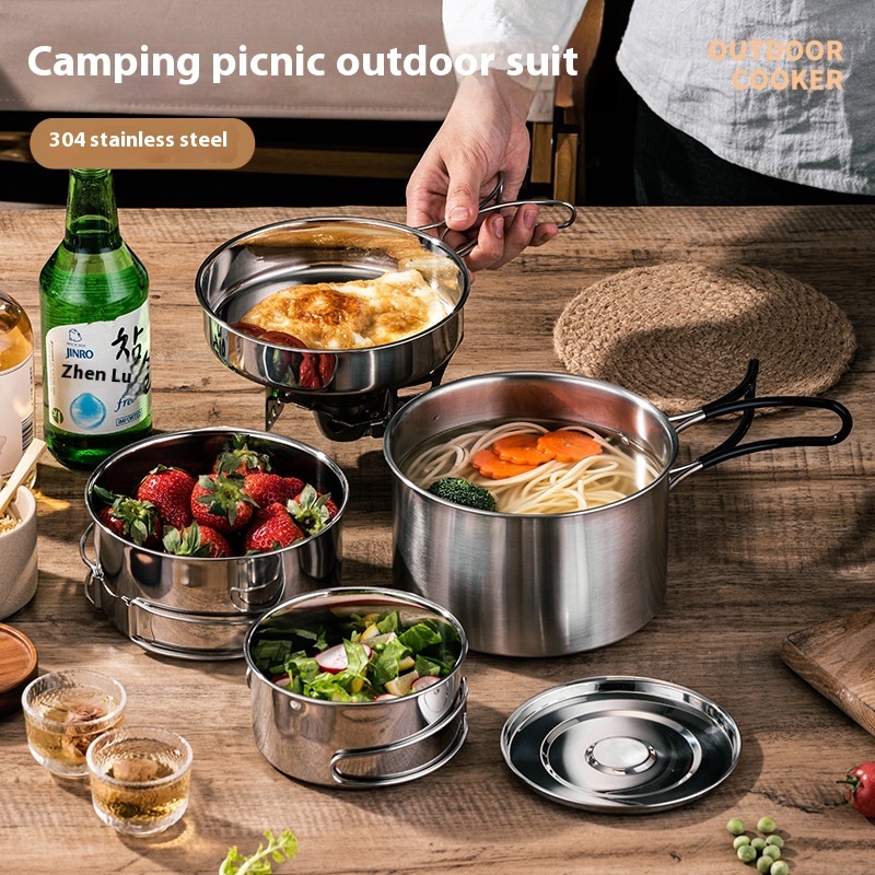 Outdoor Pot Set Stainless Steel Camping Pot Portable Camping Cooker Frying Pan Easy To Store Foldable Handle