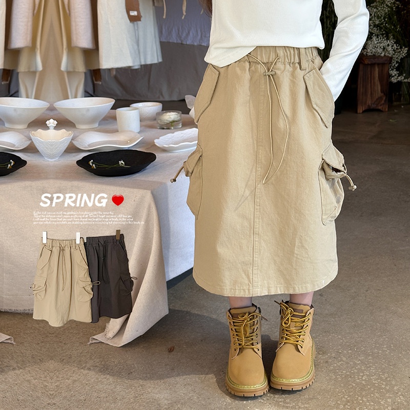 Amo Beibei Spring Large And Small Girls Stylish Medium-length Cotton Split Pocket Workwear Skirt