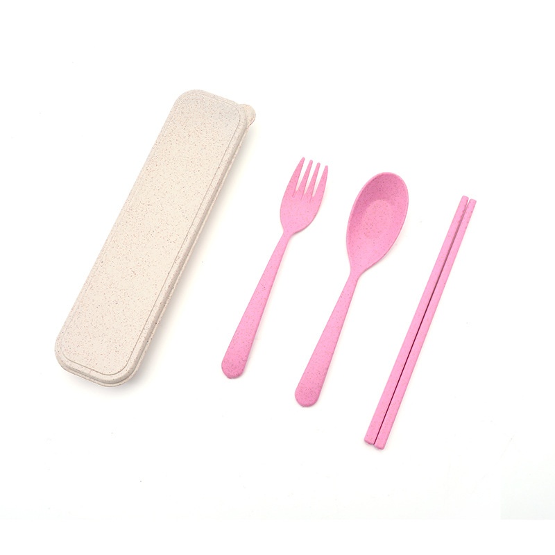 Wheat Straw Travel Portable Cutlery Set Spoon Fork Chopsticks Three-Piece Tableware Storage Box Set Gift