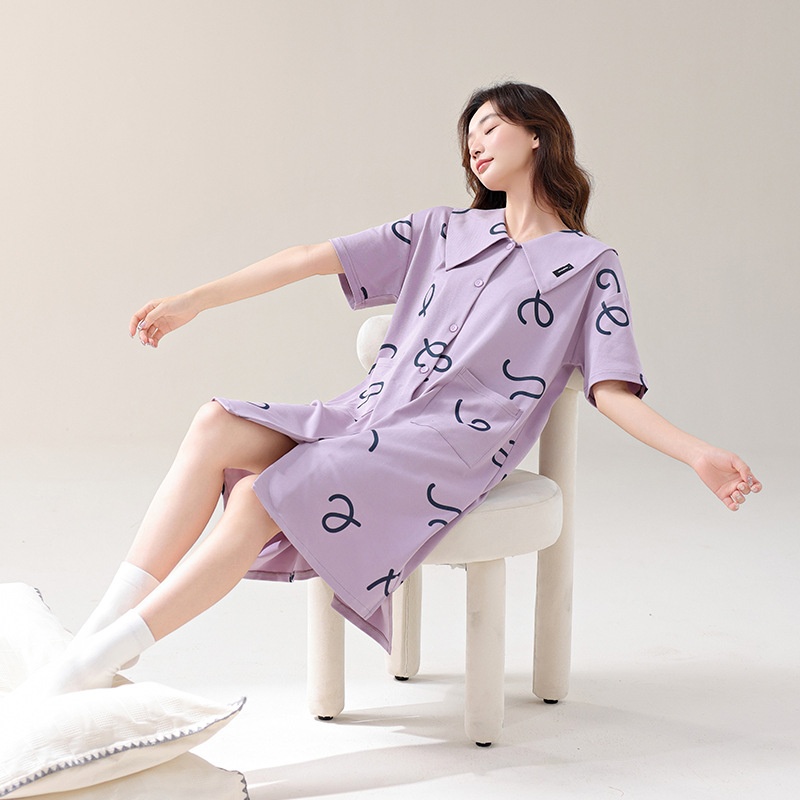 [With Chest Pad]Summer Women's Cotton Nightdress Summer Women's Short-sleeved Outdoor Home Clothes