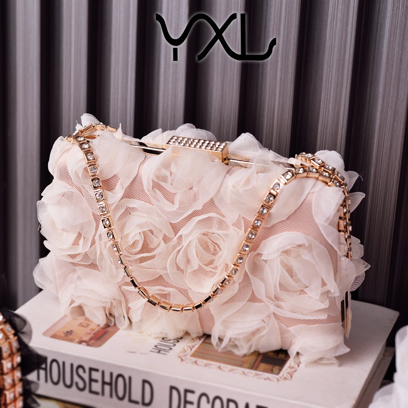 Chiffon Flower Evening Bag Champagne Color Ladies Bag Handmade Dress Bag Diamond Bag