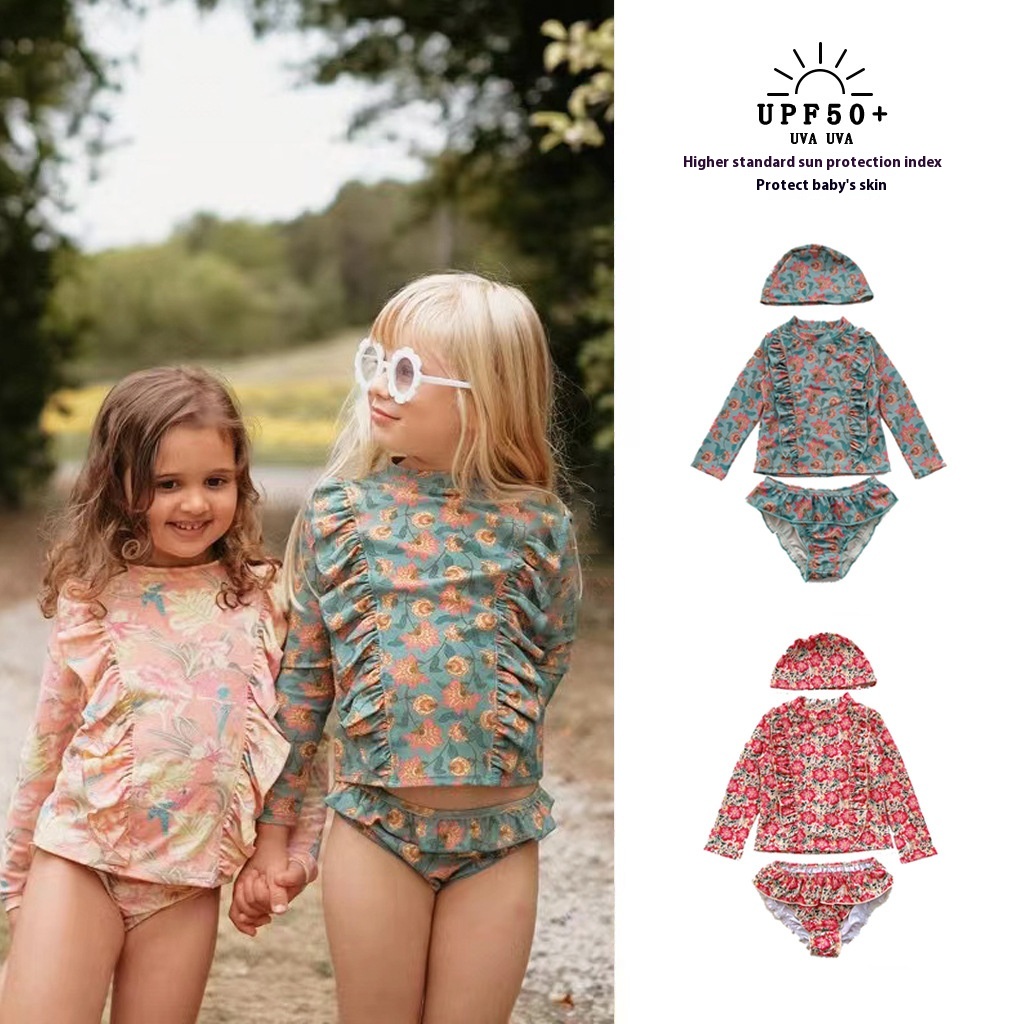 Girls Cute Small Floral Long-sleeved Sun Protection Swimsuit Quick-drying Hot Spring Children's Swimsuit Girls Baby Split