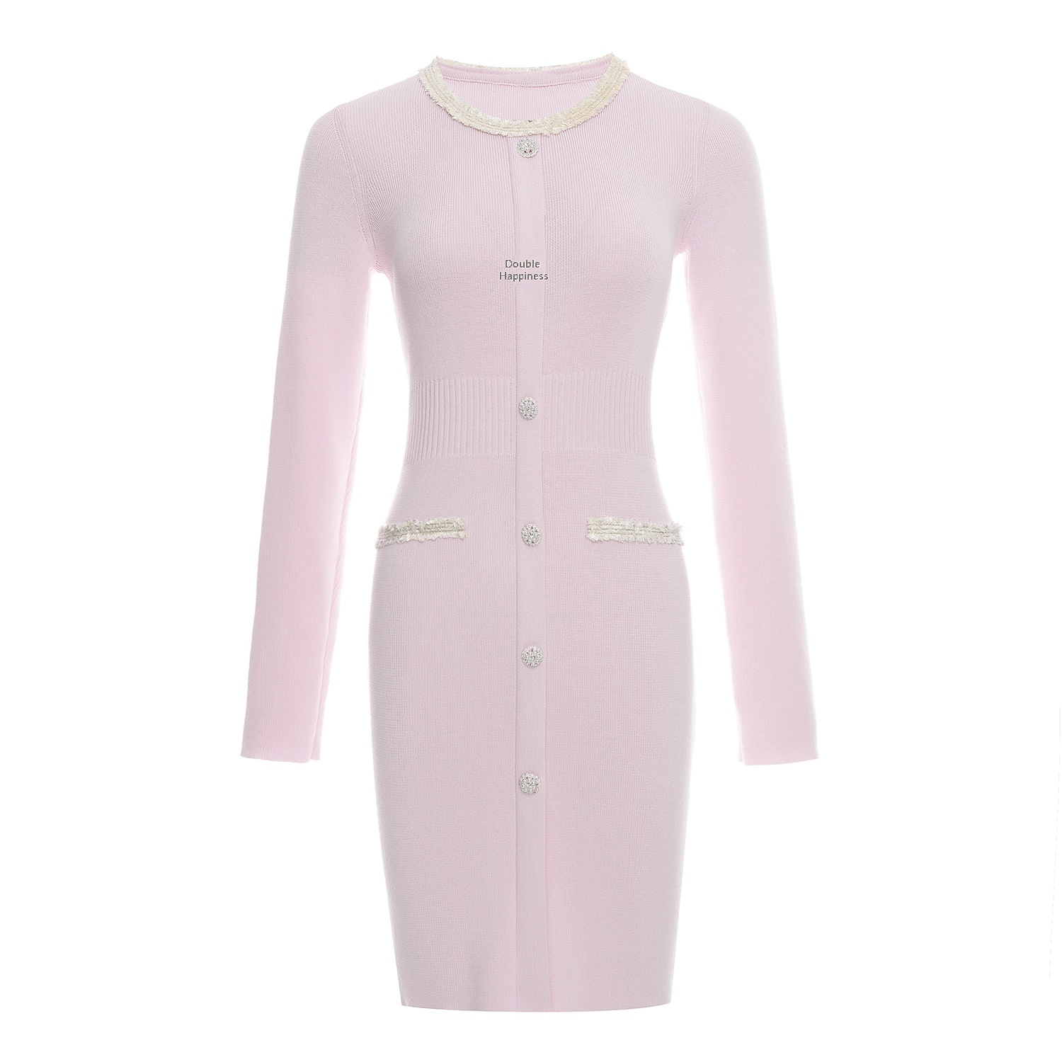 A Sweet, Elegant Pink Bodycon Dress With A Chanel-style Velvet Collar And Rhinestone Embellishments.