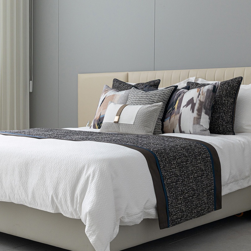 Light Luxury Chinese Style Hotel Model Room Bedding Soft Furnishings Multi-piece Set Coffee Color Small Texture Bed Flag Bed End Towel Bed Pillow